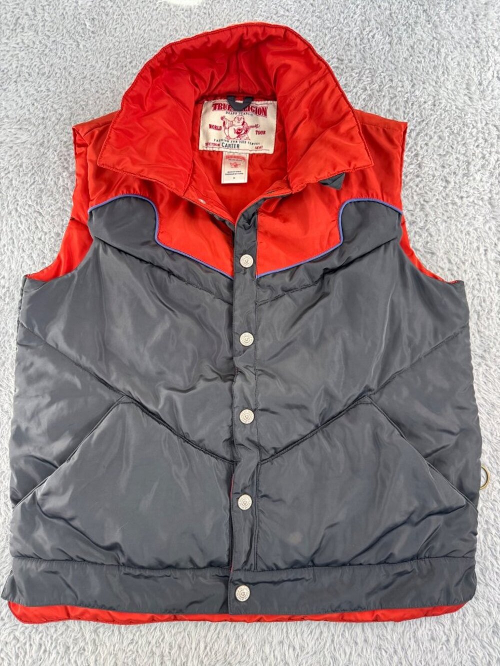 True Religion Puffer Vest Red Gray Button Jacket Mens M Western Retro